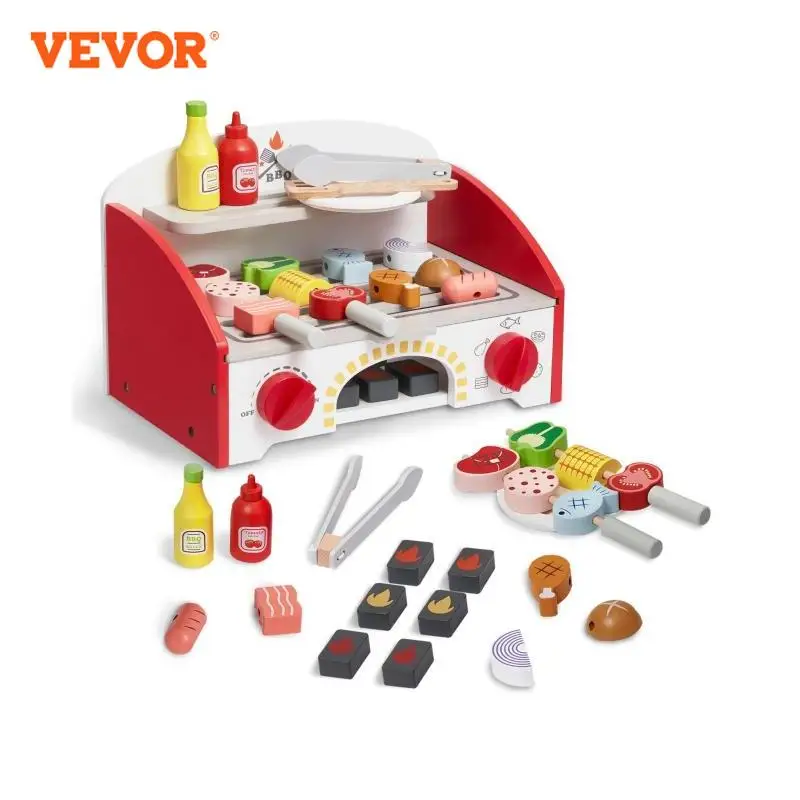 VEVOR Wooden BBQ Grill Toy Set Kids Barbecue Simulation Food Playset Interactive Pretend Play Toys for Boys Girls Ages 3+ Gifts