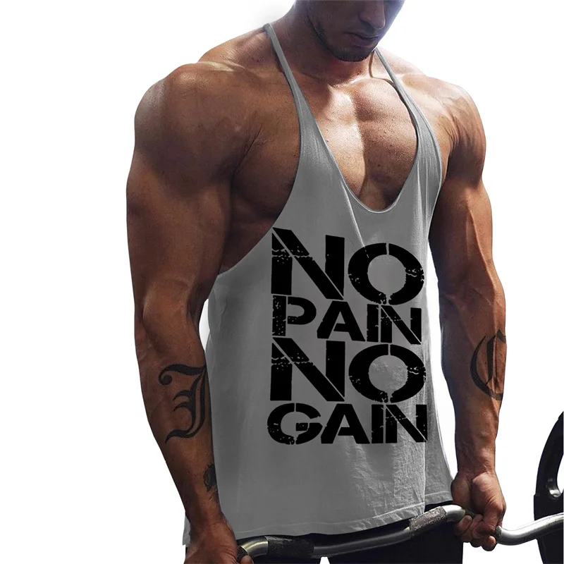 Gym Fitness Tank Top For Men Text Print No Pain No Gain Personality Sleeveless T-shirt Loose Breathable Train Summer Vest Top