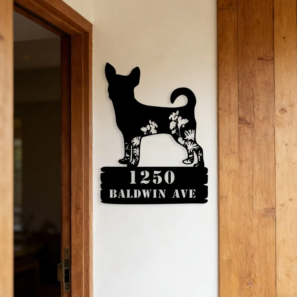 Custom Dog Metal Plaque With Floral Print, Personalized Family Address Sign Waterproof Durable Front Entry Wall Decor Gift
