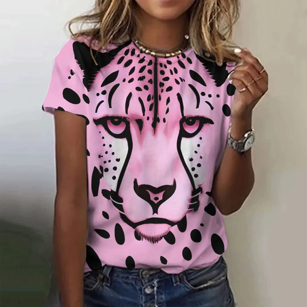 

2024SummerO-Neck Streetwear Casual Short Women's T-Shirt 3d Pink Leopard Printed Sleeve Top Tees Oversized Female Clothing