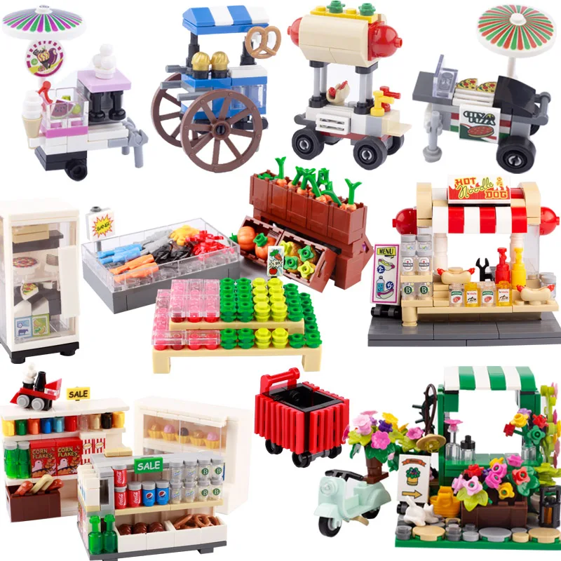 

MOC Supermarket Shop Store Building Blocks City Friend Accessories Food Vegetable Dessert Blocks Printed Bricks Classic DIY Toys