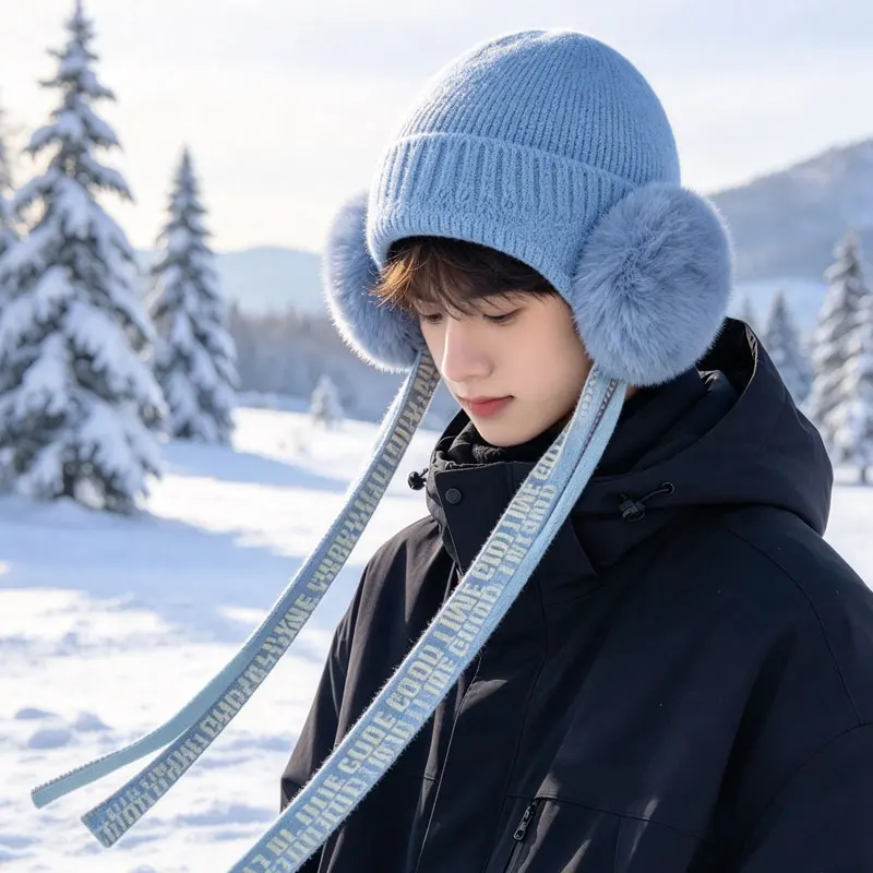 Winter Warm Knit Ski Hat With Fleece Interior Wind-Blocking Ear Flaps And Ribbon Flow Winter Outdoor Activities Parts