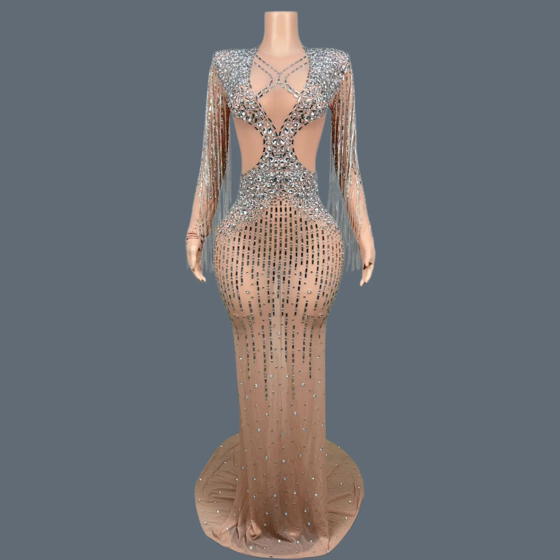 

Women Sexy Sparkly Rhinestone Tassel Evening Gown Party Outfit Rrom Dress Gala Prom Red Carpet Formal Floor-length Dress Chakou