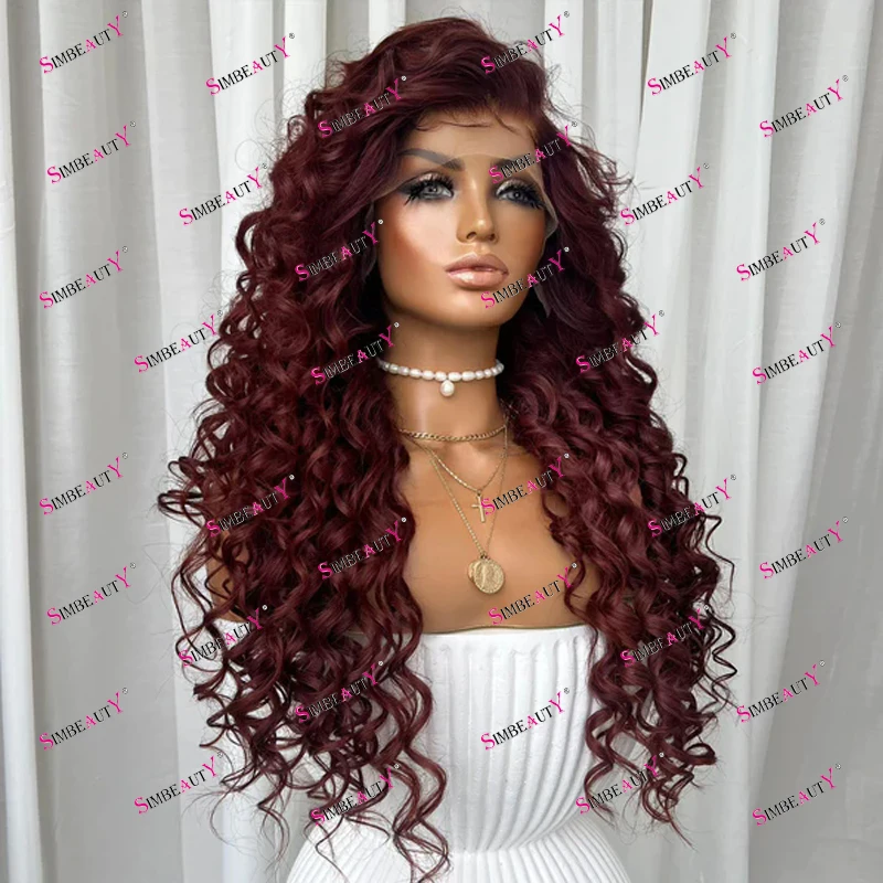 Dark Wine Blonde Loose Deep Wave Afro Black Women Long Human Hair Full Lace Wigs with Baby Hair Natural Hairline 99J 360Lace Wig