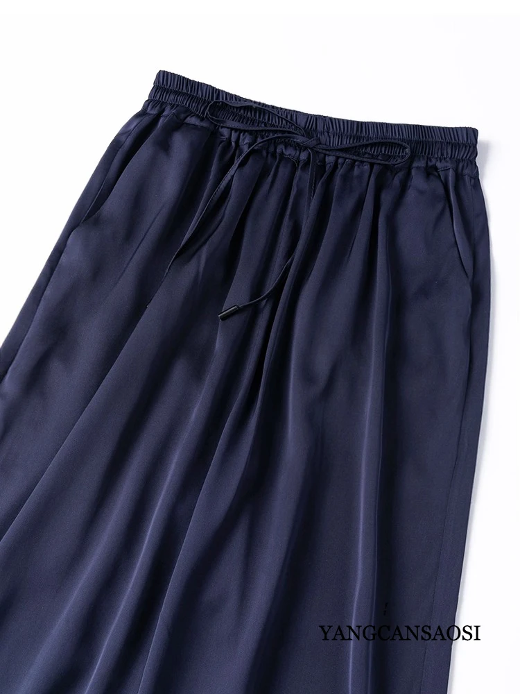 Vertical Naked Feeling 93% Natural Mulberry Silk Elastic Double Qiao Satin Elastic Waist Women's Fashionable Wide Leg Pants
