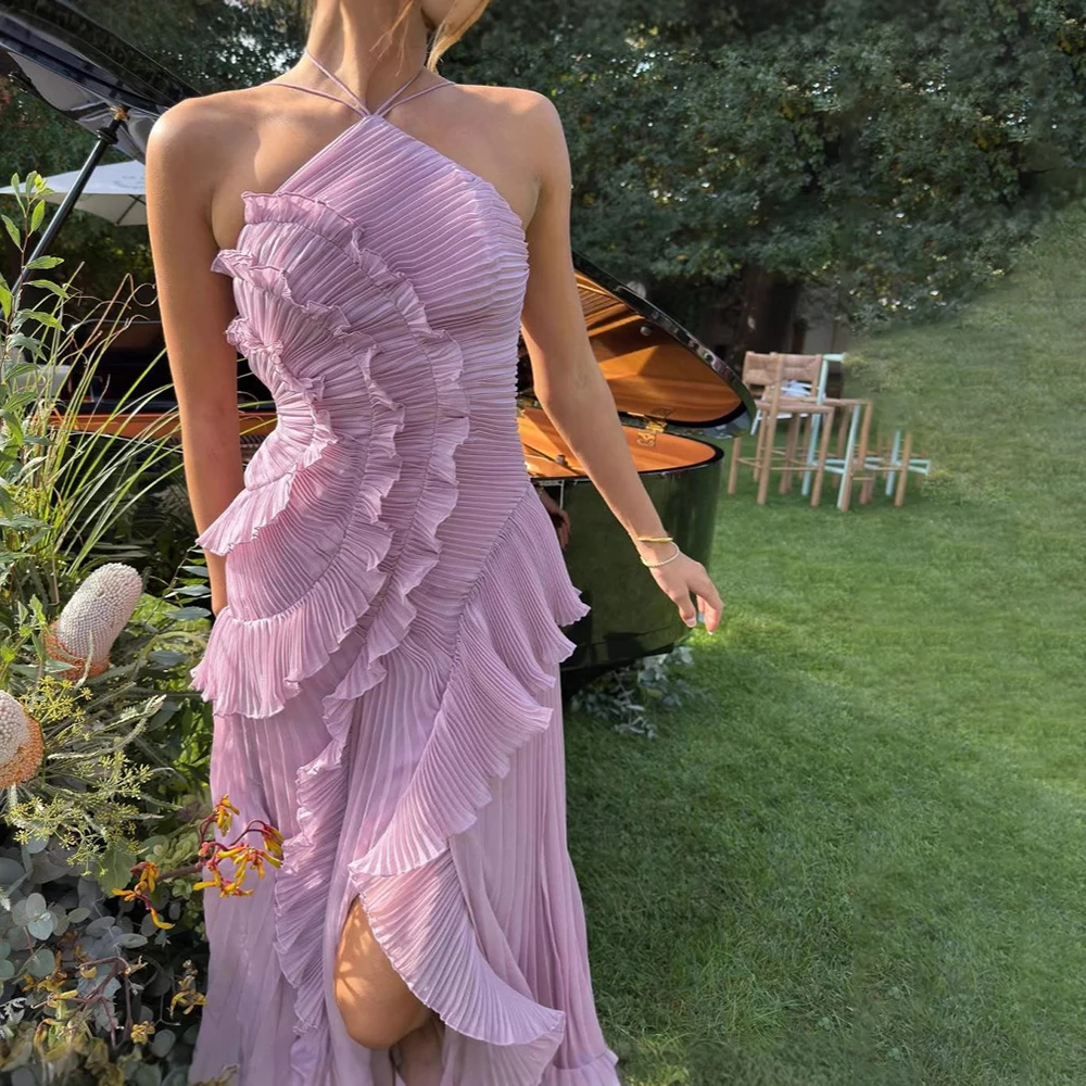 

Elegant Chiffon Halter Neck Maxi Dress Solid Folds Ruffles Evening Gown High Quality Purple Prom Party New Lady Vacation Gowns