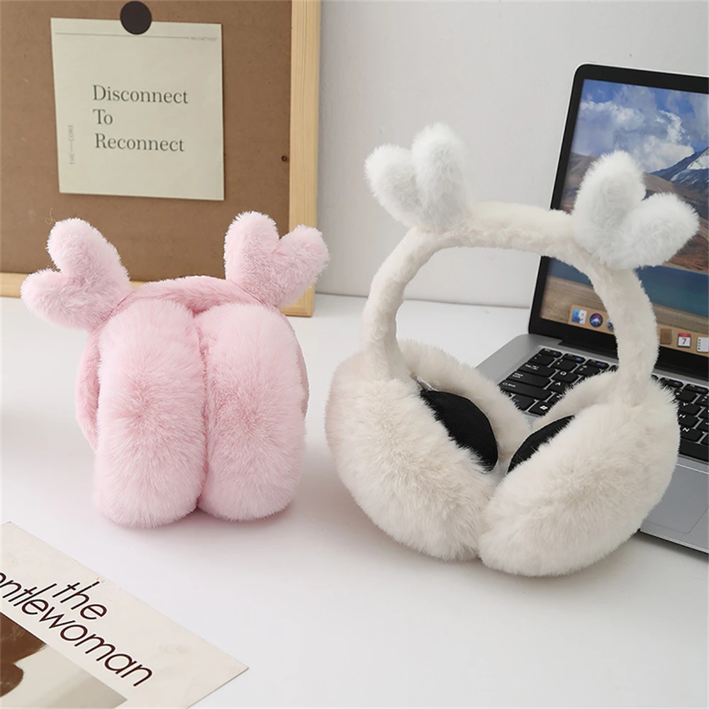 Women's Winter Warm Earmuffs Fluffy Rabbit Fur Thickened Muffs Foldable Headphone Plush Ear Cover Cute Antler Decoration Earlap