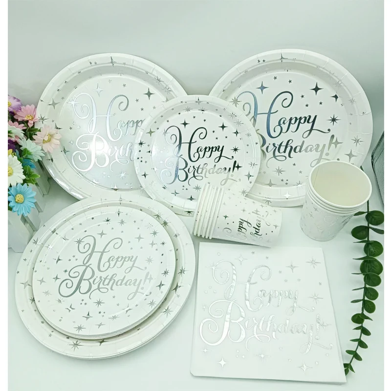 10 pièces estampage à chaud argent joyeux anniversaire jetable assiette en papier tasse serviette anniversaire fête Table décor fournitures