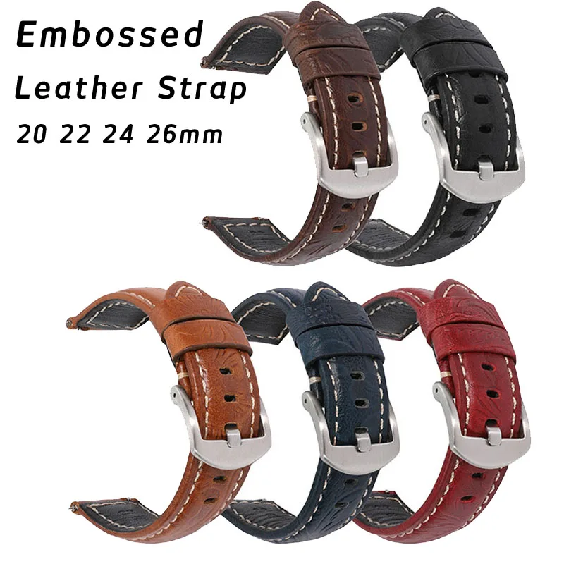 Vintage Stitched Embossed Genuine Leather Watch Strap Handmade Top Layer Cowhide Watch Band Bracelet 20mm 22mm 24mm 26mm