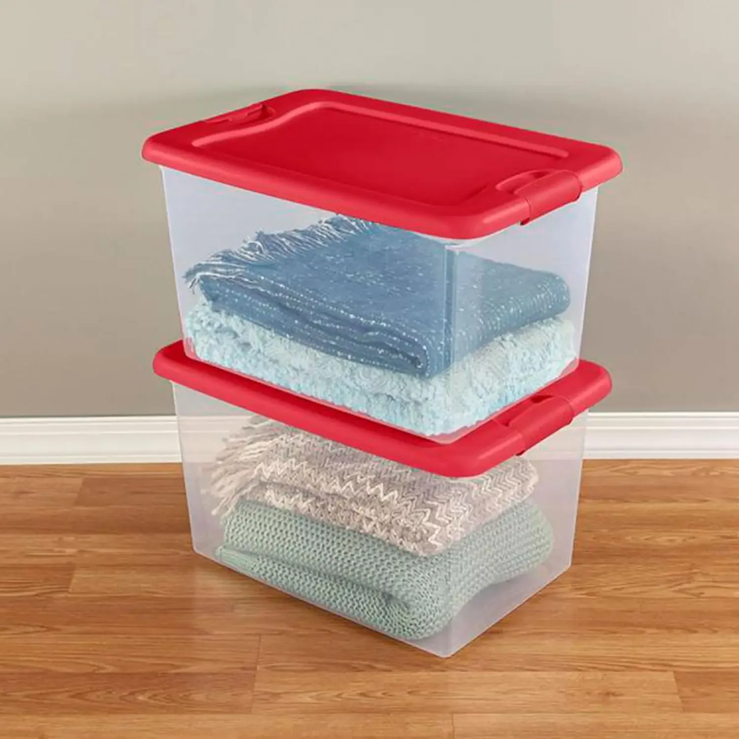 Sterilite 64 Qt Latching Storage Box Stackable Bin with Latch Lid Organize Holiday Decor in Closet Clear Base Red Lid 6-Pack