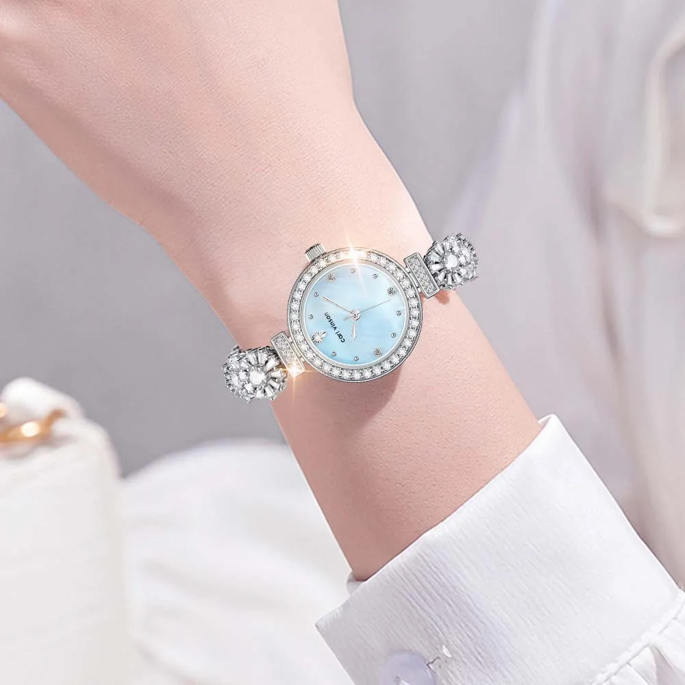 Luxury 2026 Women Quartz Watch Colorful Natural Mother-of-Pearl Dial with Rotate Sunflower Bracelet High Quality Diamond Clock