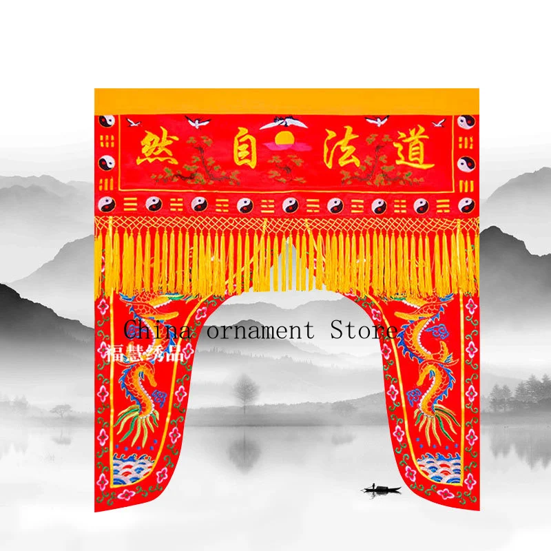 Taoist embroidery, featuring a double dragon design on high-quality silk fabric, used for ceremonial curtains, dragon tapestries