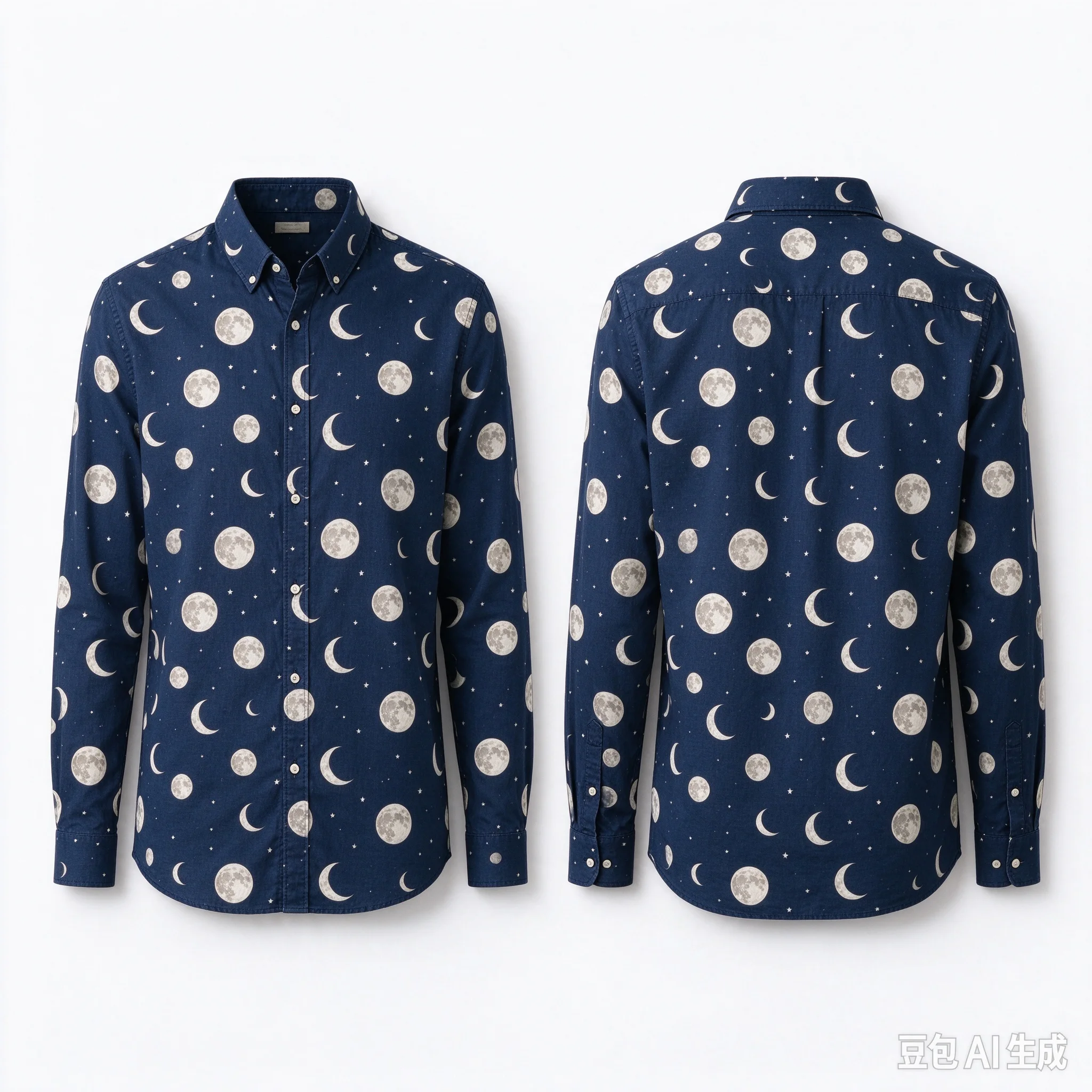 Men All Over Moon Print Long Sleeve Button Down Shirt Front & Back Moon Graphic Lapel Casual Tops 5 Colors Available
