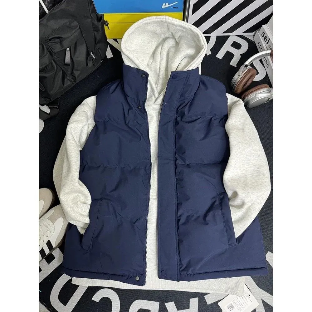 

Мужской синий пуховый жилет в американском стиле, осенне-зимняя верхняя одежда без рукавов, утепленное хлопковое пальто для молодежи, модное, теплое, ветрозащитное