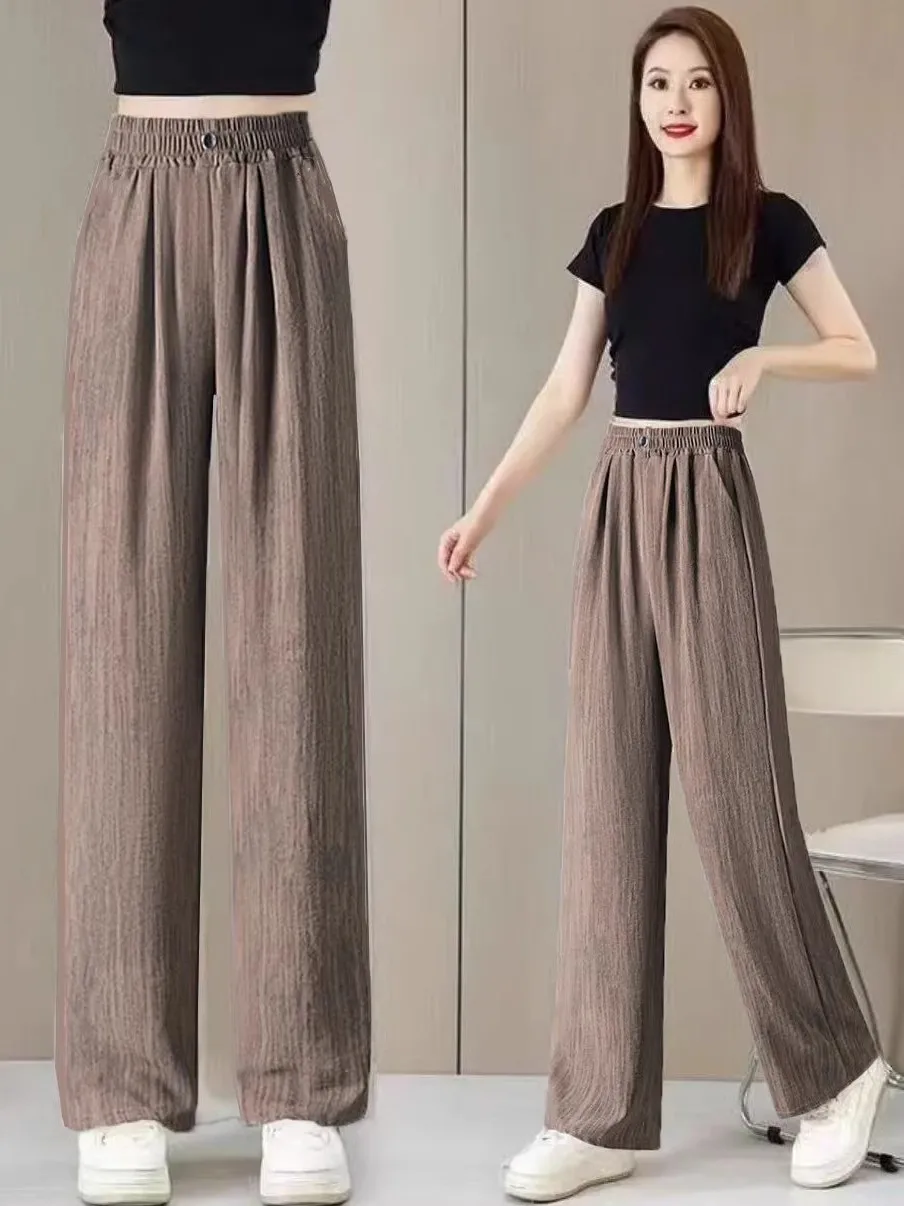 Slim Fit Ice Silk Hemp Wide Leg Pants Women's Summer Thin High Waist Drapey Cool Nine Point Casual Straight Cut Trousers