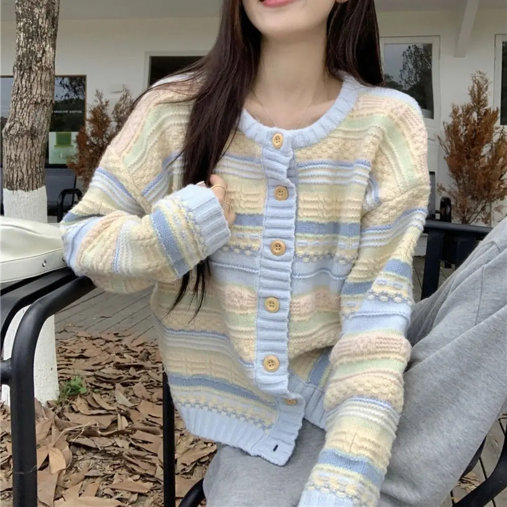 

Female Long Sleeve Stripe Crochet Sweaters Loose Korean Sweet Knitwear Ladies Top Autumn Spring Cardigans Women Y2K Streetwear