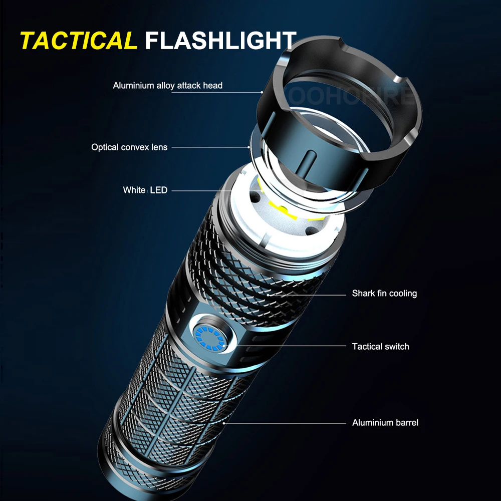 Tactical Flashlight  High Lumens Battery Powered Type C 120W White LED Torch Lantern Emergency Camping Outdoor Flash Light