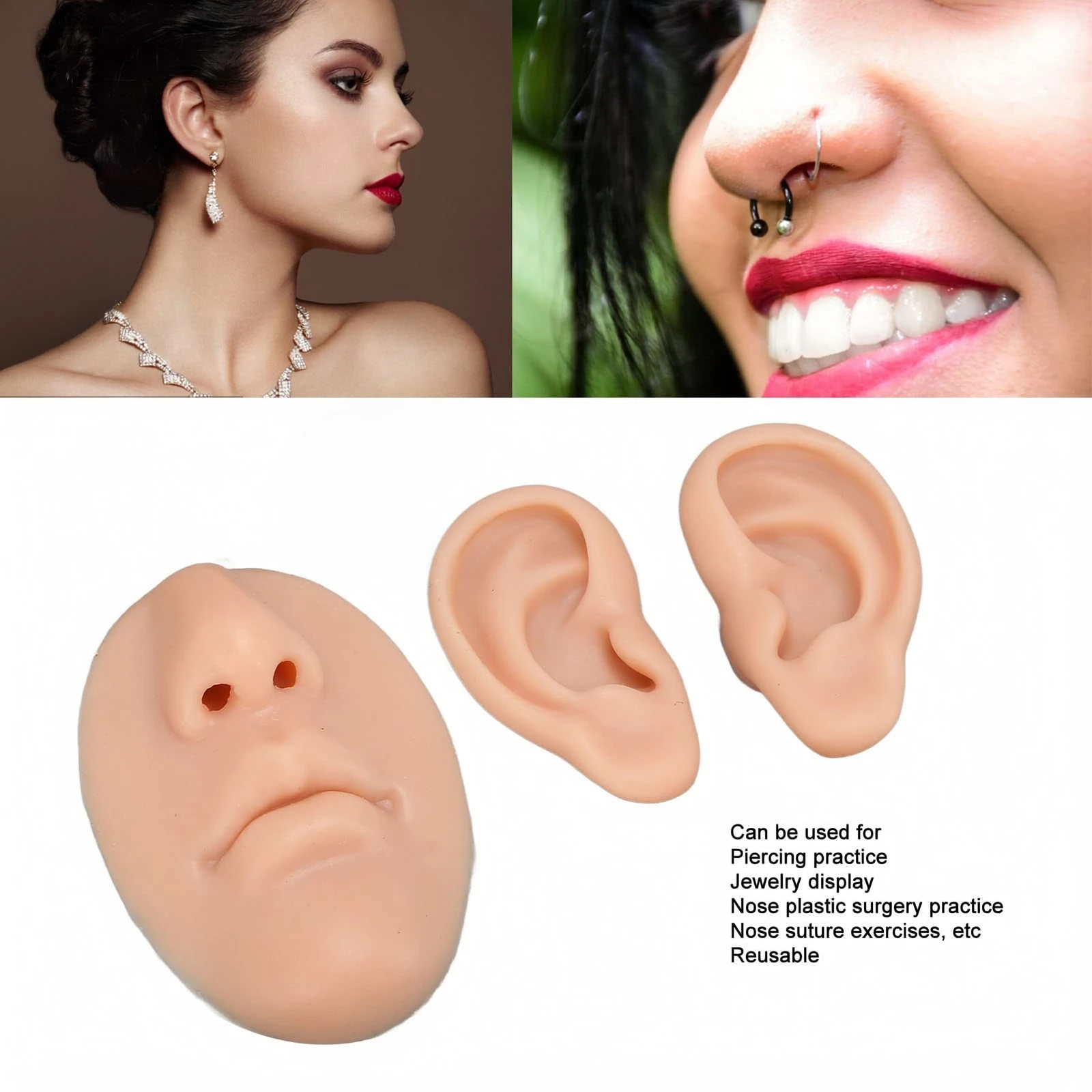 Realistic 3D Silicone Nose Mouth and Ear Model Set for and Beginner Training, Simulation Silicone Practice Skin