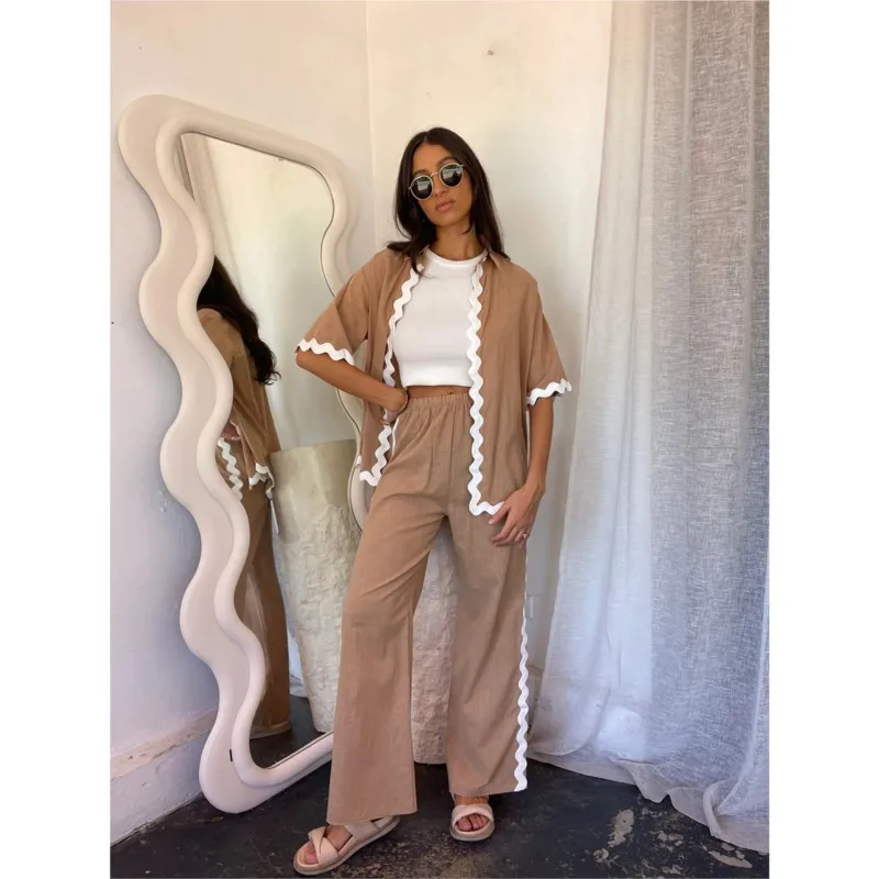 

2024 Summer New Solid Color Pant Sets Women Fashion Wavy Edge Splicing Casual Short Sleeves Shirts Trousers Two Piece Set Female