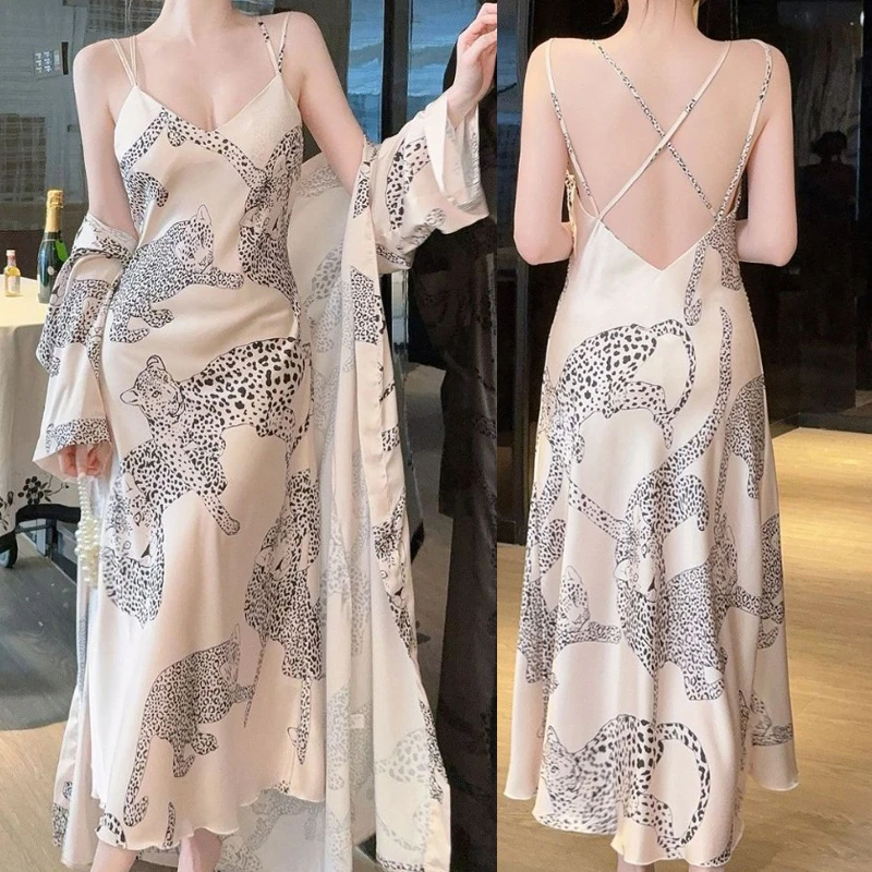

Elegant Female 2PCS Robe And Gown Set Sexy Leopard Suspender Nightdress Lingerie Summer New Sleepwear Sets Rayon Homewear