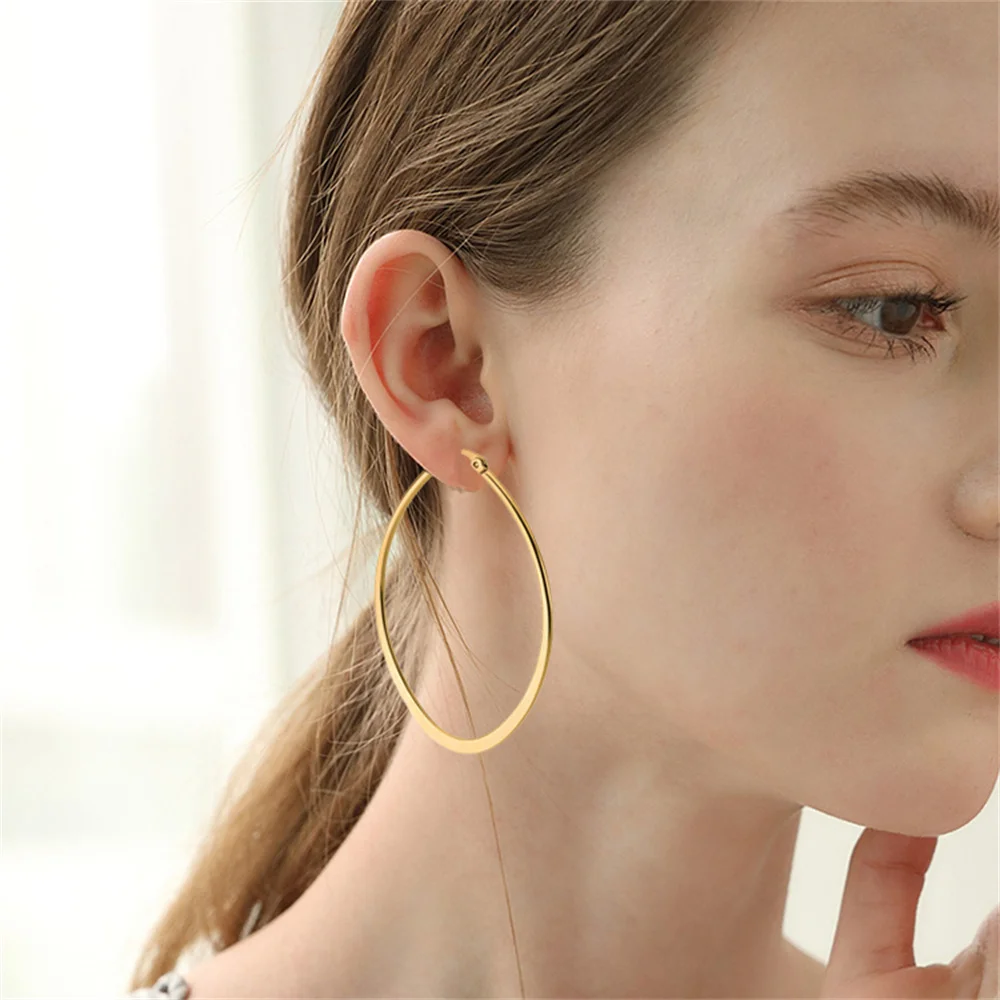 1 Pair Round Circle Flat Hoop Earrings Women Girls Gold Plated Exaggerated 60MM Big Wedding Hoops Ear Stainless Steel Jewelry