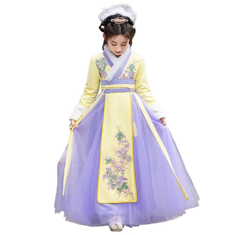 Girls Fairy Hanfu With Cloak Children Winter Warm Embroider Tang Suit Dress Kids Birthday Gift 2025 Chinese New Year's Clothing