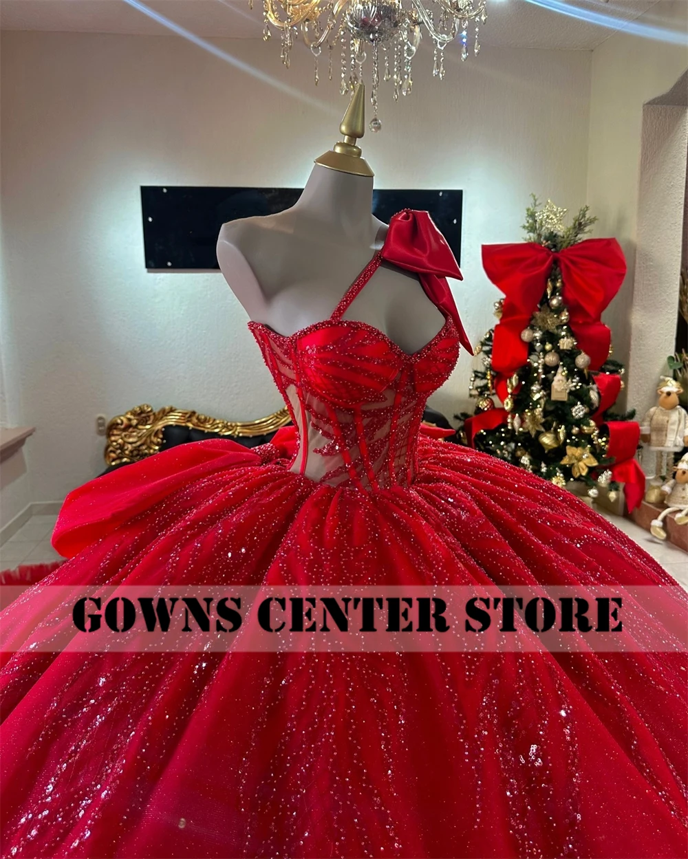Red Puff Ruched Train Ball Gown Quinceanera Dress With Bow One Shoulder Beaded Appliques Sweet 15 Vestidos De 15 Años Customized image 4