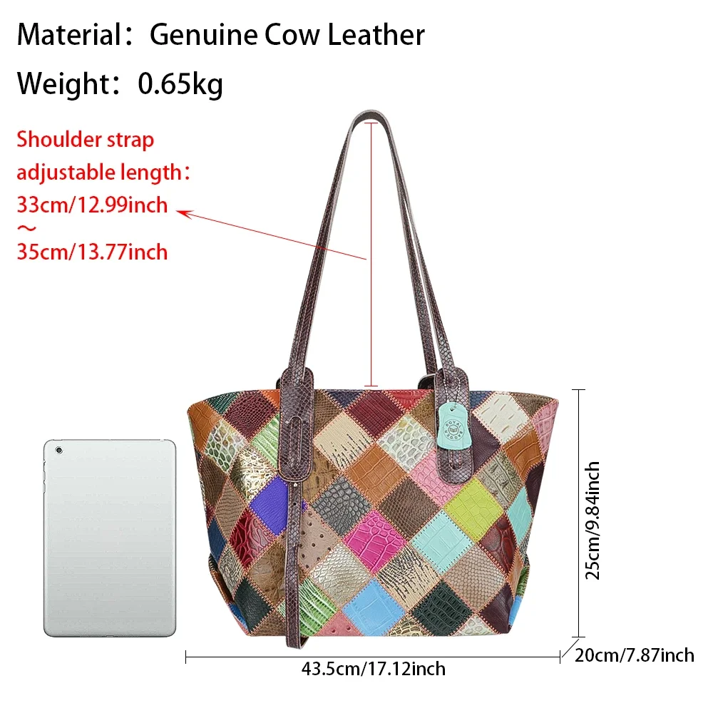 Royal Bagger Genuine Leather Tote Bag for Women, Large Capacity Color Stitching Plaid Shoulder Bags, Vintage Style 1893