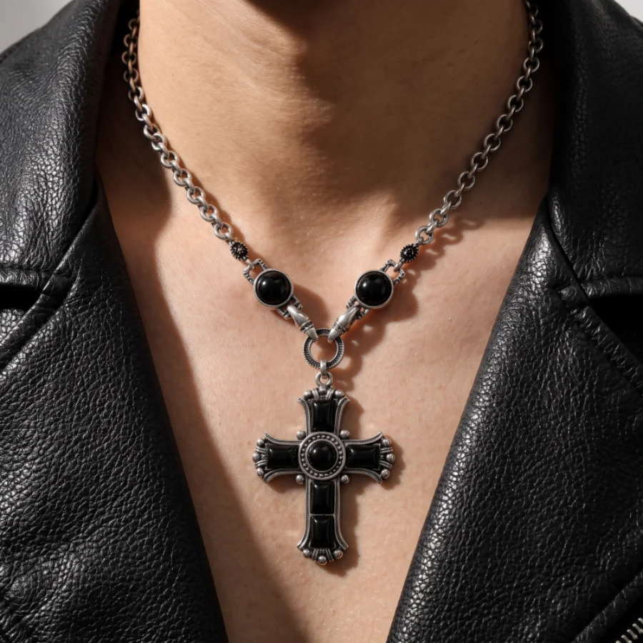 Gothic Cross Necklace Antique Silver Color Black Resin Inlay Ornate Crucifix Pendant Thick Chain Punk Rock Style For Unisex