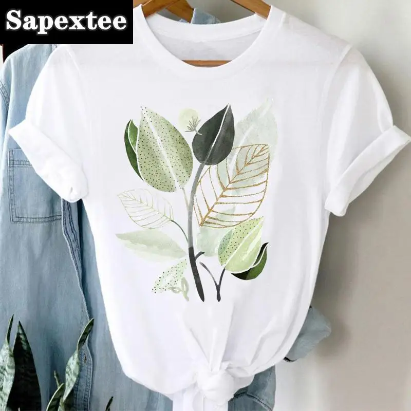 Camisetas de manga corta con estampado de planta para mujer, ropa informal de dibujos animados a la moda, Regular, Top de viaje