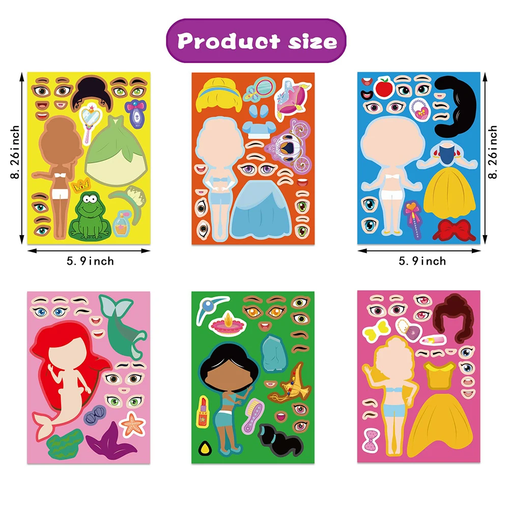Disney-Princess quebra-cabeças adesivos para crianças, fazer um rosto, branca de neve, sereia, jogo infantil, bonito quebra-cabeças, presente para
