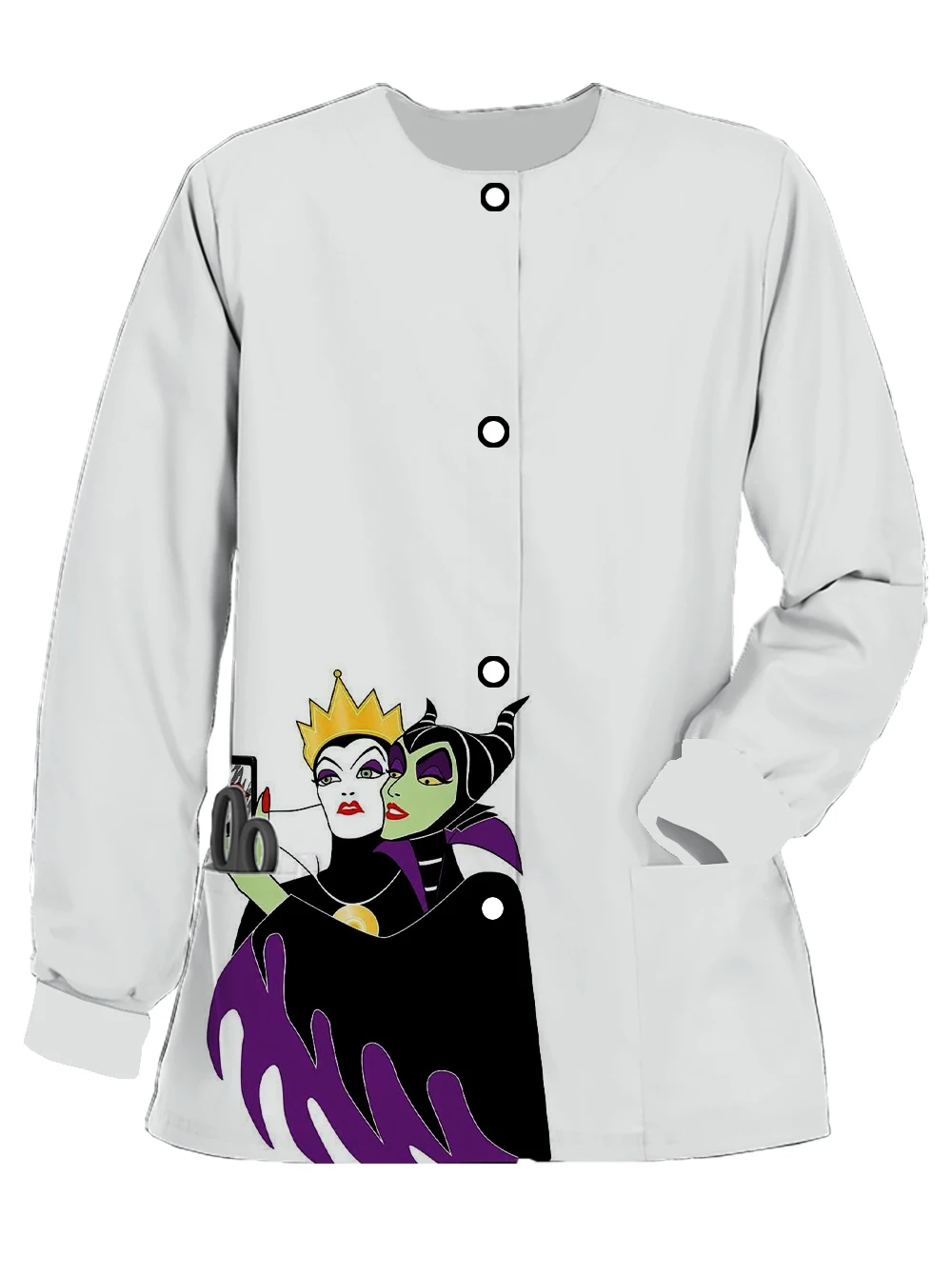 Nueva chaqueta esmerilada de manga larga con doble bolsillo para mujer de otoño e invierno, uniforme de enfermera con bolsillo con estampado de Maléfica de Disney