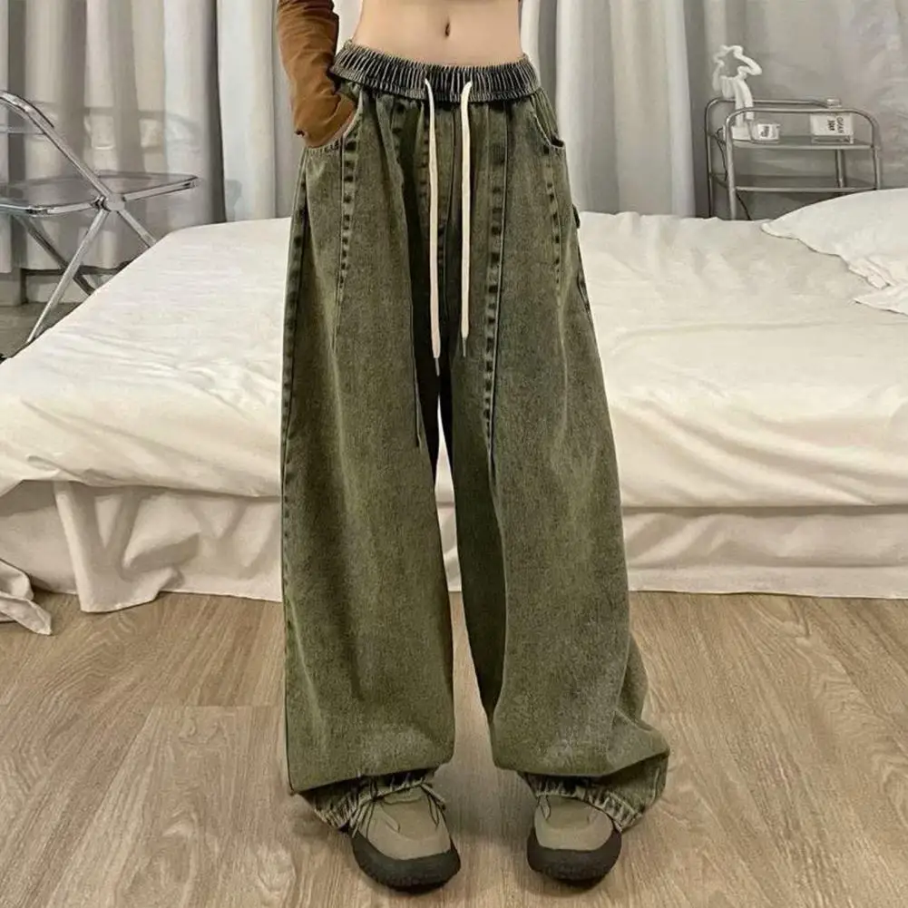 All-season Jeans Denim Trousers Vintage Wide Leg Denim Jeans with Elastic Waist Deep Crotch Pockets Women's Streetwear for Hip