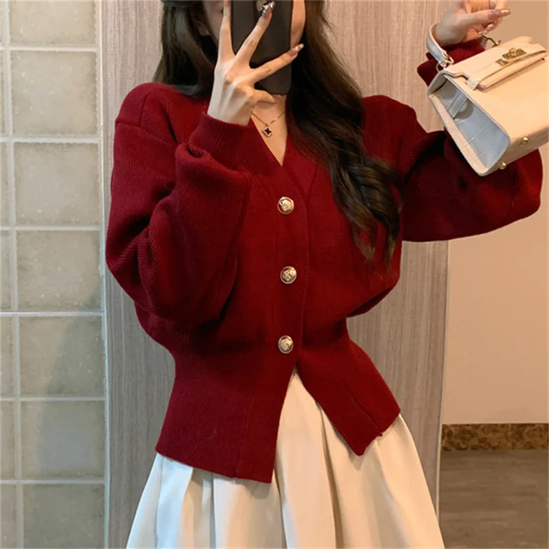 

French Style Fashion Sweater Cardigan Women Autumn Winter V-neck Solid Cardigan Knitted Outerwear New Versatile Top Slim B886