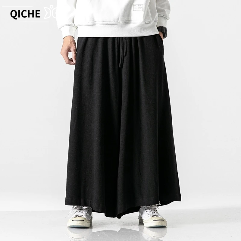 QICHE Men Plus Size Japanese Style Linen Cotton Pants Chinese Style Harem Straight Wide Leg Loose Long Trousers