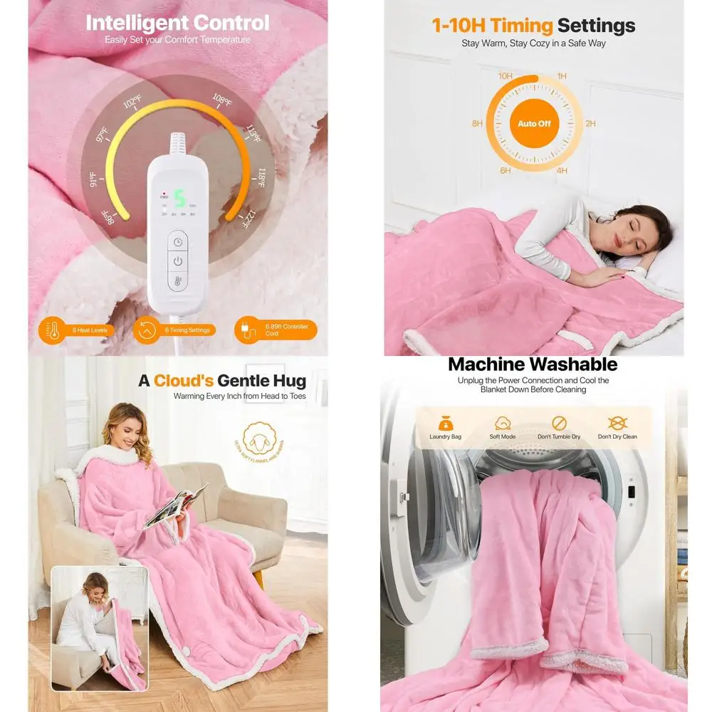 

Розовое электрическое одеяло с 8 уровнями нагрева, таймером, карманами для ног и рук, 50x60, для дома и офиса