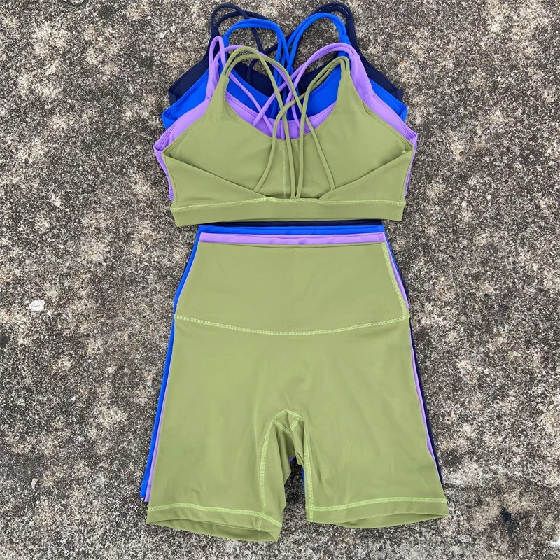 Yoga Shorts Set Gym Sports Set 2 Piece Women Workout Outfit Fitness Suit Cross Straps Bra High Waist Short With Pocket Tracksuit