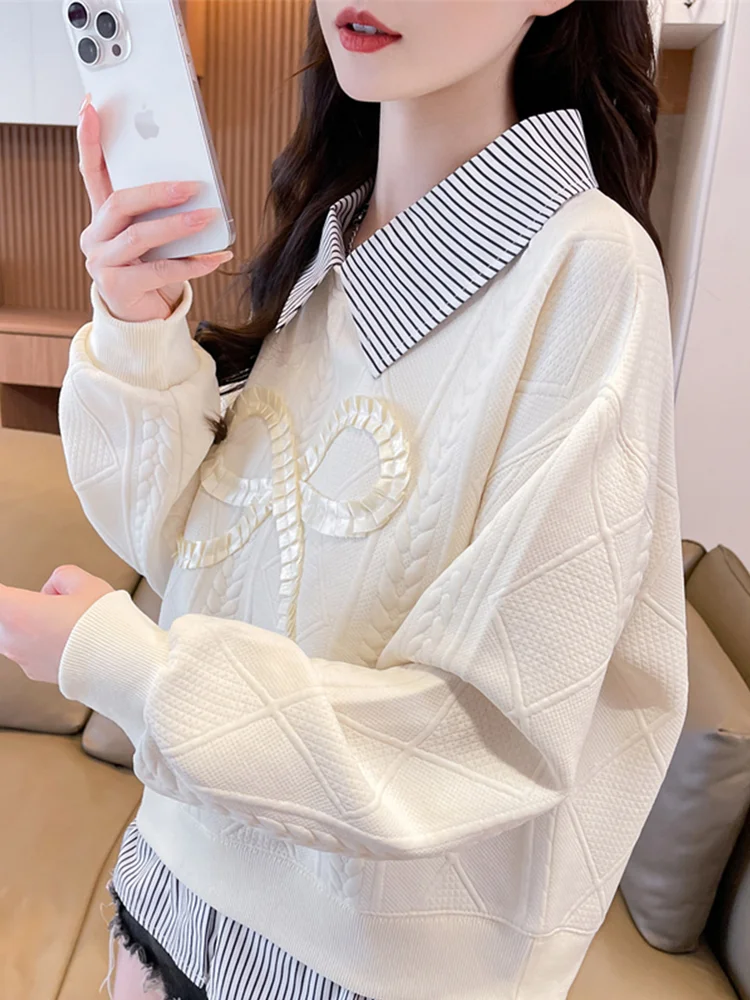 

Весенне-осенняя милая рубашка-поло, простой модный тисненый черный, белый цвет, полосатый лацкан, изысканный ленточный бант, нежный пуловер, рубашка