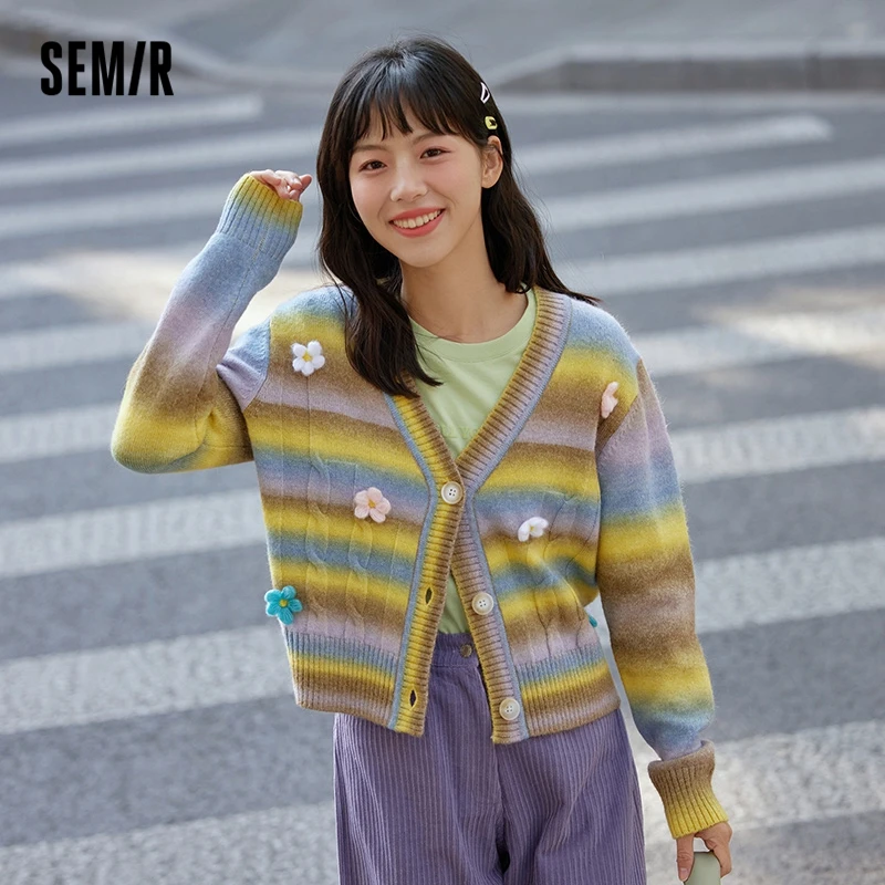 Semir Sweater Women Stripe Sweater Sweet Retro 2023 Autumn New Loose Flower V-Neck Cardigan Girl Fashion