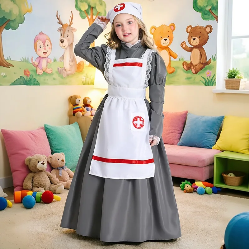 

Florence Nightingale Costume Historic Victorian War Nurse Maid Dress Girl Long Dress with Apron Halloween Cosplay Costume