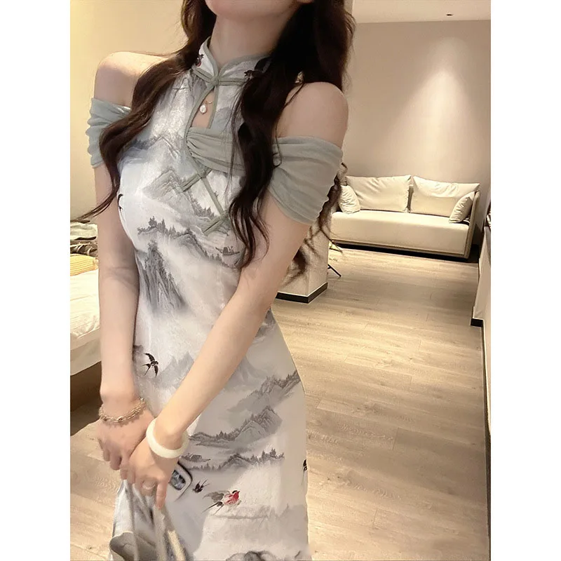 Cheongsam largo con hombros descubiertos, vestido Floral ajustado de tinta gris, aspecto elegante, vestidos de noche tradicionales Vintage, Qipao Sexy