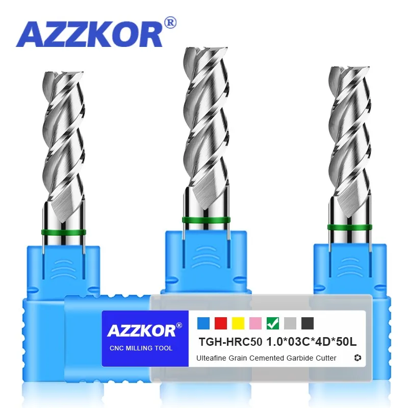 AZZKOR-carburo de tungsteno de acero para fresadora de aluminio, revestimiento de anillo de Color 3F, CNC, fresadora mecánica de fondo plano, TGH-HRC50