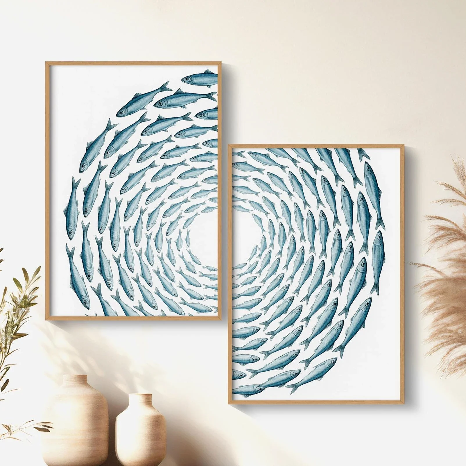 2pcs frameless Canvas Painting 2pcs Minimalist Summer Sardine School Art Posters Retro-Chic Fish Canvas Wall Art for Home Living
