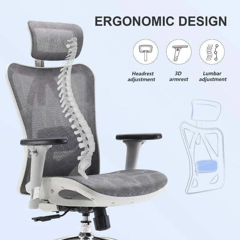 Silla de oficina ergonómica con reposabrazos de 3 vías, soporte lumbar y reposacabezas ajustable, respaldo alto, función de inclinación, color gris claro