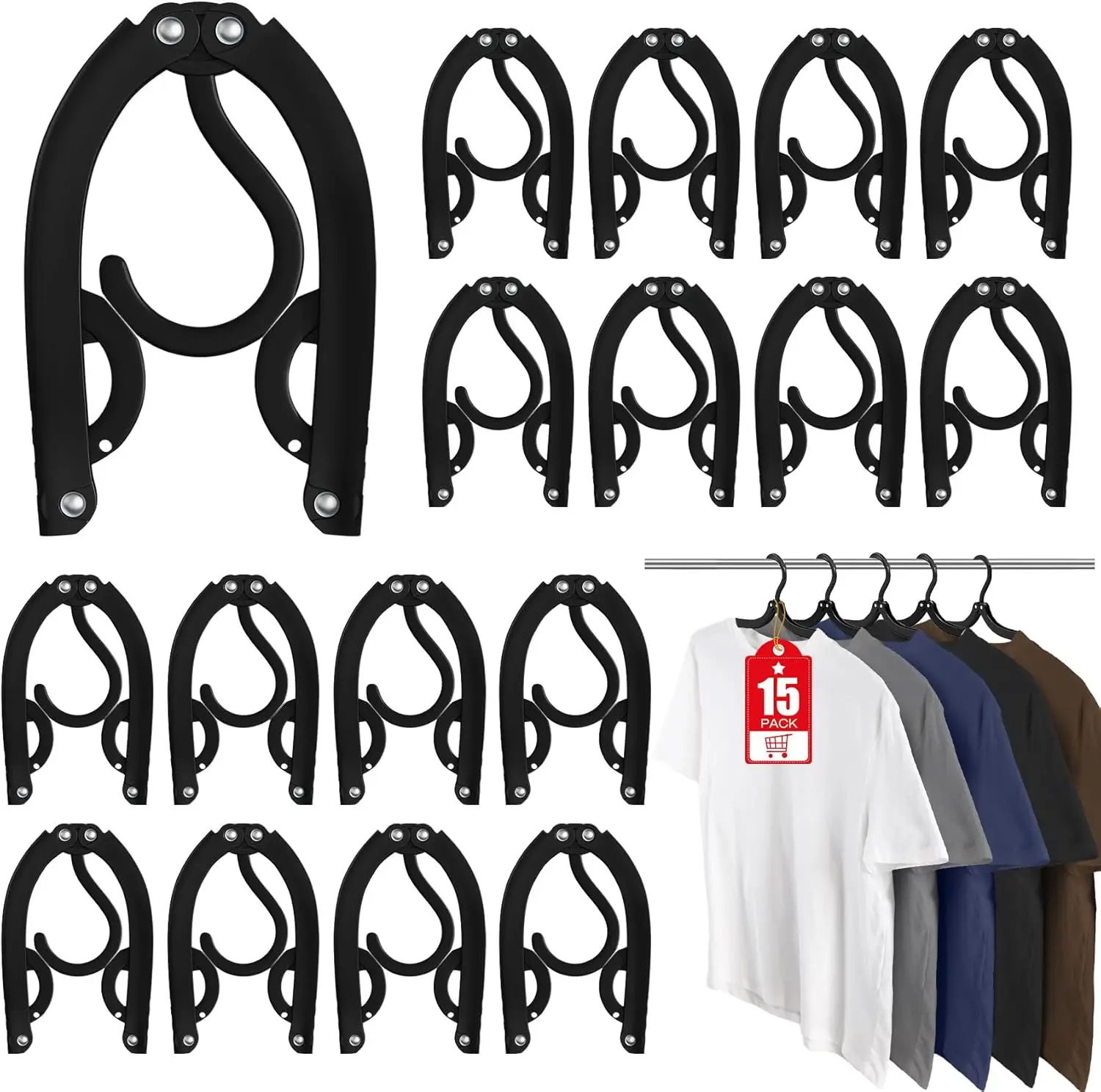 15 Pcs Foldable Travel Hangers, Portable Clothes Rack for Camping RV Suitcase, Black