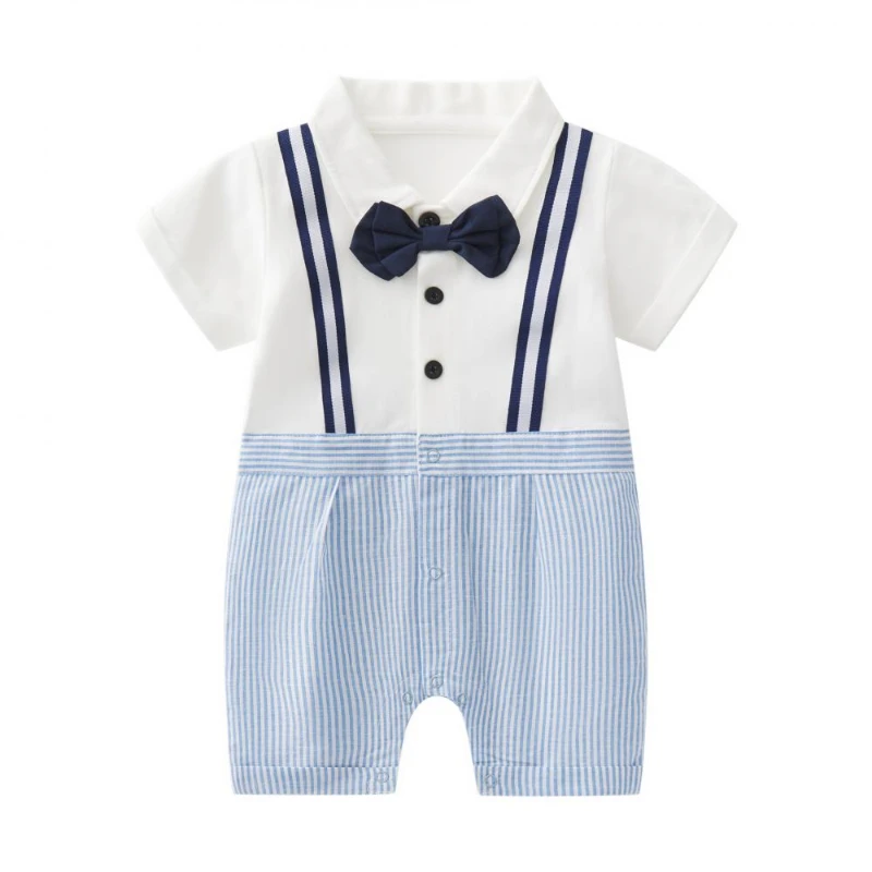 

2024 Baby Boy Bow Romper Matching Blue Strip Lapel Jumpsuit Casual Korean Style Cotton Toddler Outfit Holiday Baptismal Clothes