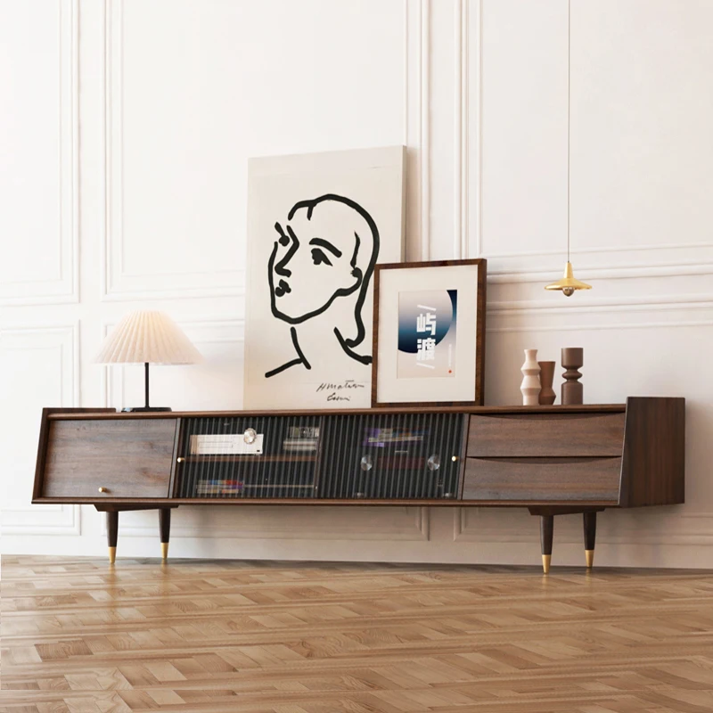 

/Black walnut solid wood TV cabinet Nordic Japanese medieval cherry wood laser projector audio-visual cabinet