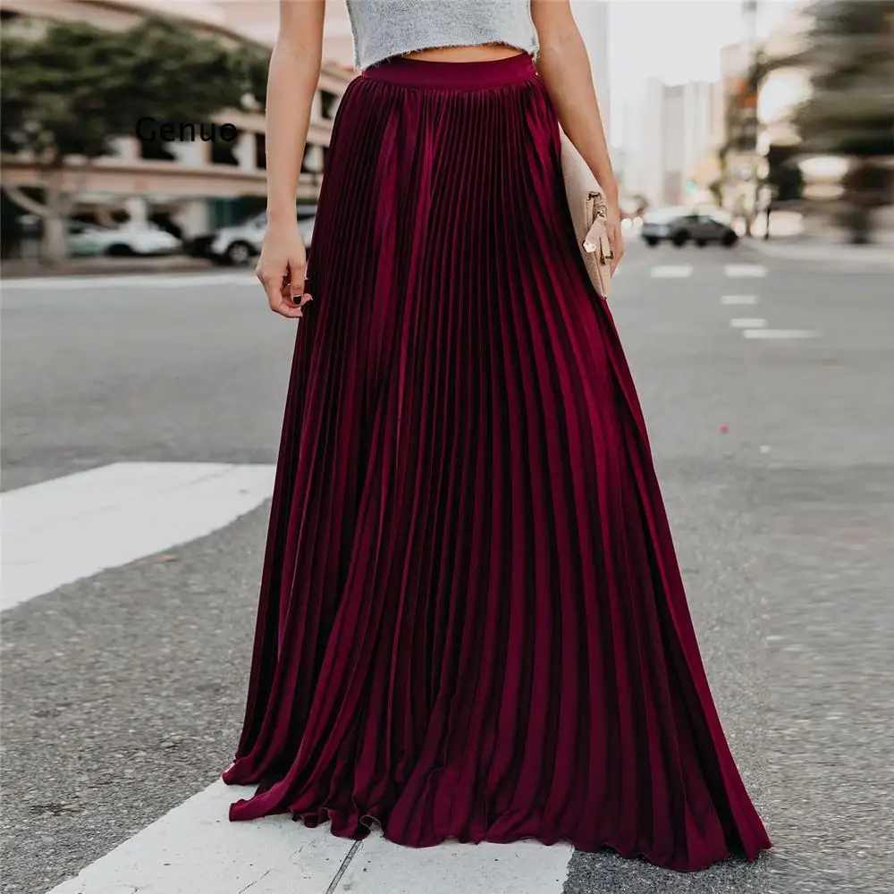 Sexy Red Wine Maxi Pleated Skirt Women 2022 Fashion Autumn Winter Long Plissee Skirts Korean Style  Jupe Longue Femme