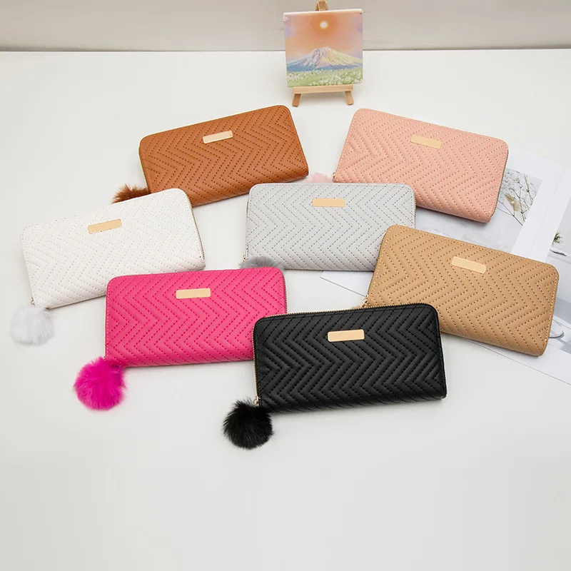 

Sweet Style Twill Long Wallet2025New Fresh Simple Pom-Pom Zipper Women's Clutch Bag