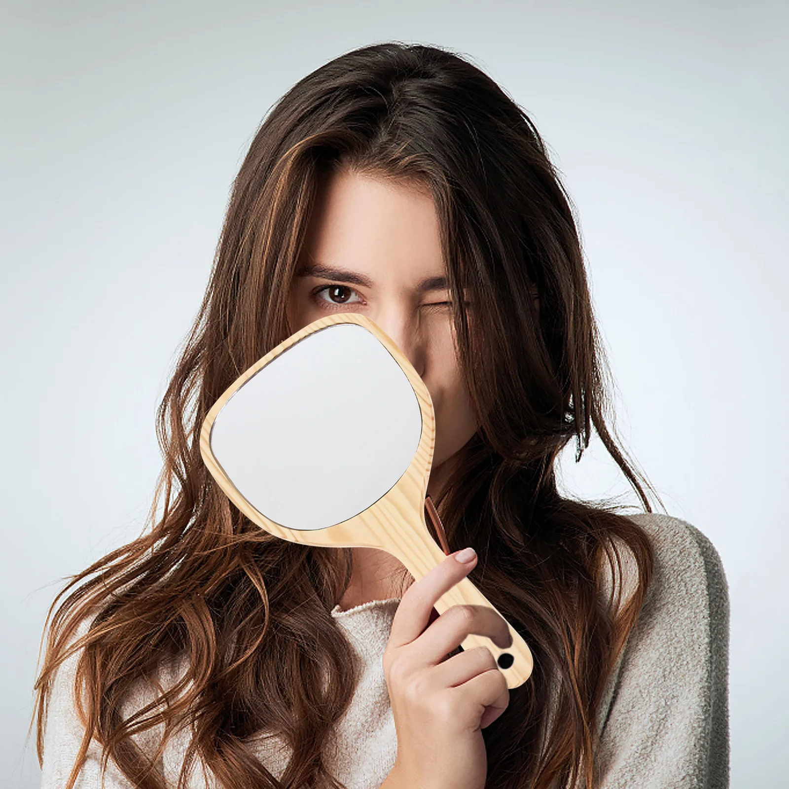 

1pc Handheld Makeup Wooden Handle Glass Wall Mountable Mirror For Women Girls Durable Handle Mirror